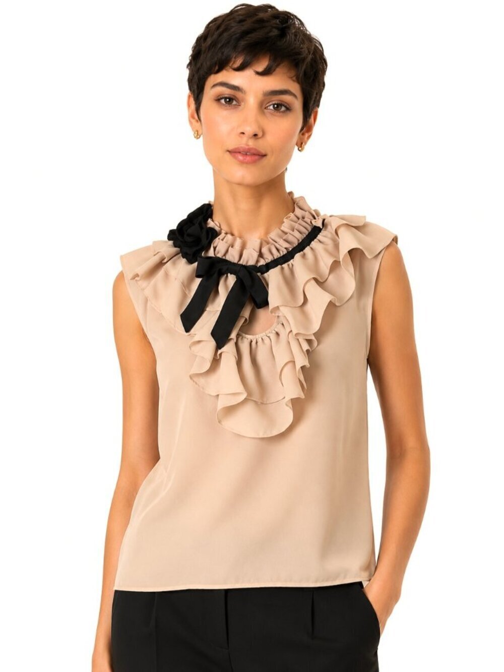 Anthropologie Floreat Beige Ruffle Collar Silk Sleeveless Top